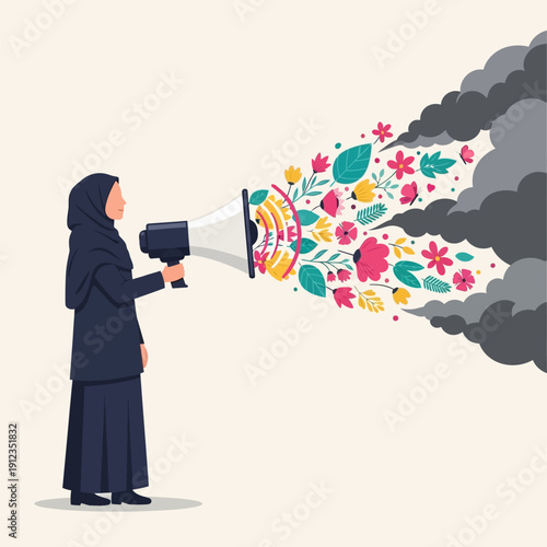 Muslim woman advocating for environmental protection and positive change with nature symbols