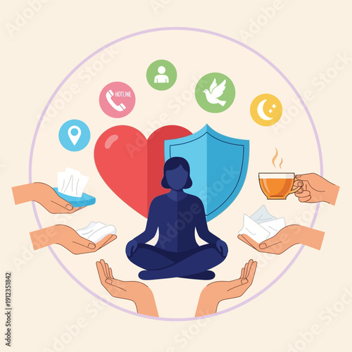 Woman meditating for mental wellness surrounded by care symbols and protective elements