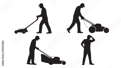 Dynamic black silhouette vector set illustrating men performing garden maintenance with different lawnmowers and one man reflecting on his outdoor chore