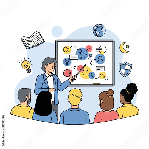 Diverse group of people in a workshop learning about business strategy on a whiteboard