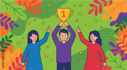 Illustration of three coworkers celebrating Employee Appreciation Day with a trophy in a colorful and lively setting.