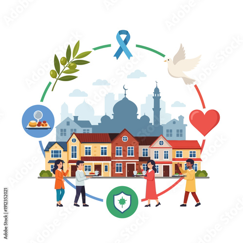 Diverse community sharing food and embracing diversity with symbols of peace, health, and unity