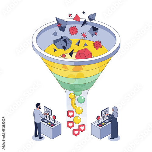 Social media engagement funnel with users interacting with content and receiving likes and hearts
