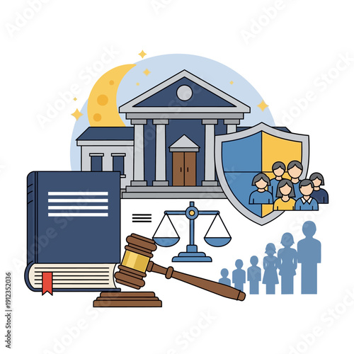 Legal concepts depicted with courthouse, Gavel, scales, and law book