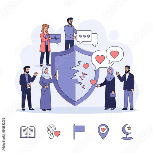 Community dialogue and connection symbolized by a broken shield repaired by communication