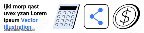 Finance, technology, connectivity, digital tools, business analytics, financial transactions. A calculator, sharing icon and dollar sign outline. Finance and technology concepts