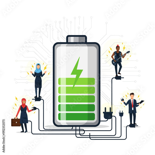 People plugged into a large battery symbolizing energy, power, and charging up for activities