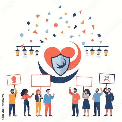 Diverse community gathering for a cause holding signs and celebrating with confetti