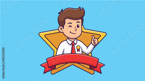 Cartoon illustration of a cheerful young businessman with brown hair, wearing a white shirt and red tie, standing behind a red banner on a yellow star against a light blue background,