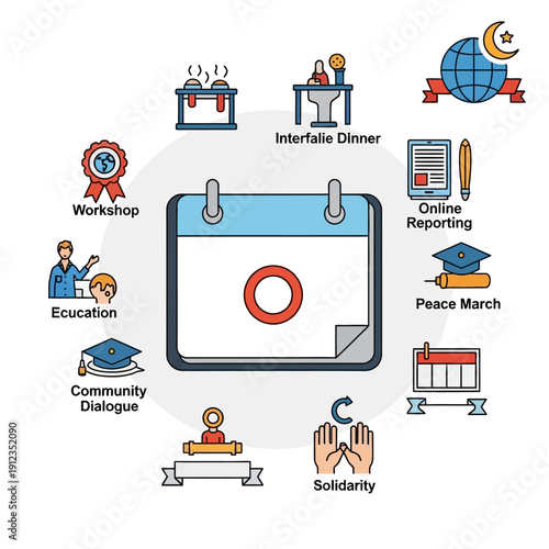 Calendar with surrounding icons representing various community events and activities