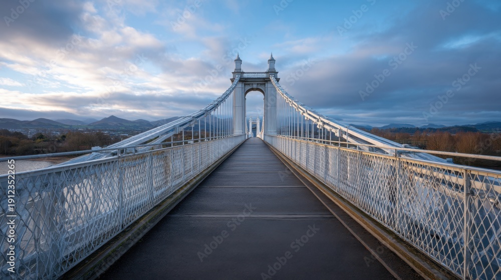 Fototapeta premium Majestic White Bridge at Twilight Over Calm River with Scenic Mountains and Dramatic Sky, Captured During Serene Sunset in Tranquil Atmosphere
