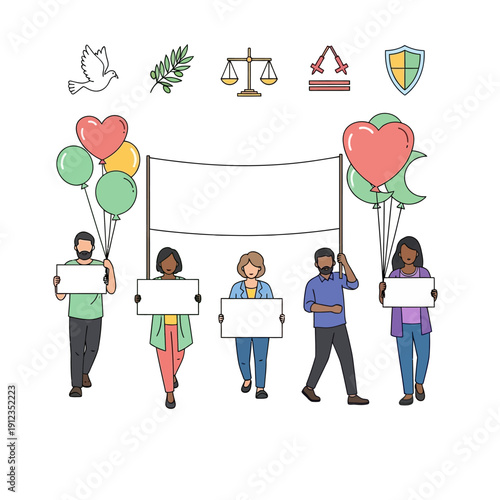 Group of people holding blank signs and balloons in a peaceful protest for human rights