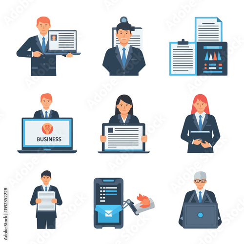 Flat lay illustration of business professionals interacting with digital devices and documents in a minimalist style with a professional mood on a white background.