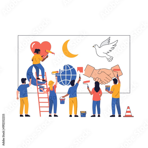 Diverse team paints a mural symbolizing global unity, peace, and harmony with handshakes