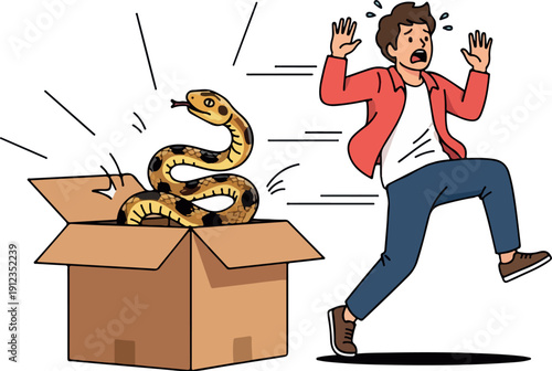 Jumping Man Afraid of Snake Prank Flat 2D Vector Isolated on Transparent Background
