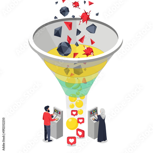 Process of filtering digital content and information through a funnel with people controlling inputs