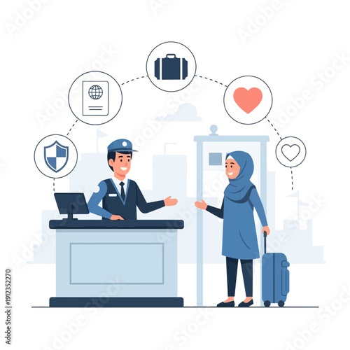 Airport security check with officer assisting a traveler with luggage and passport verification