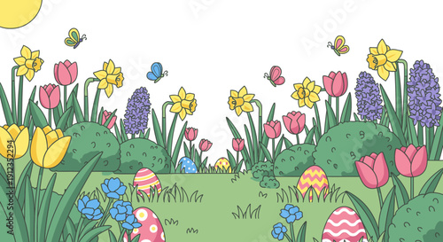 Colorful Cartoon Flowers and Butterflies in Garden.