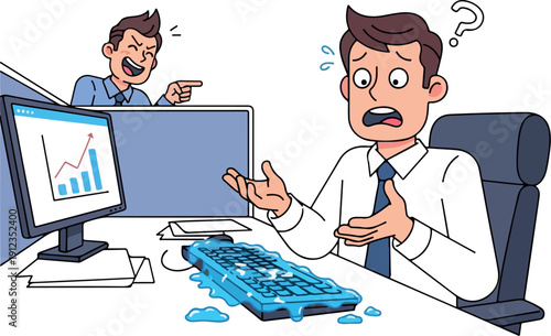 Water Spill Keyboard Prank Flat 2D Vector Isolated on Transparent Background