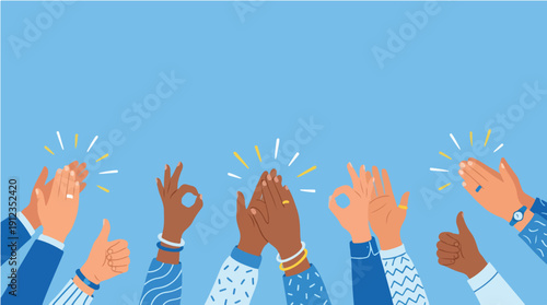 Diverse group of people showing appreciation with thumbs up and applause on Employee Appreciation Day against a blue background with a joyful mood.