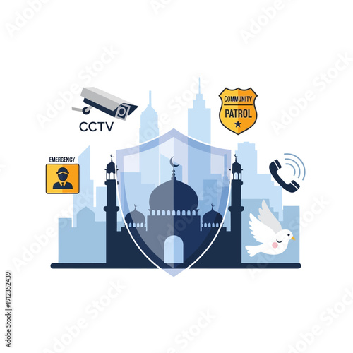 Community patrol and CCTV security for mosque with a shield and dove of peace
