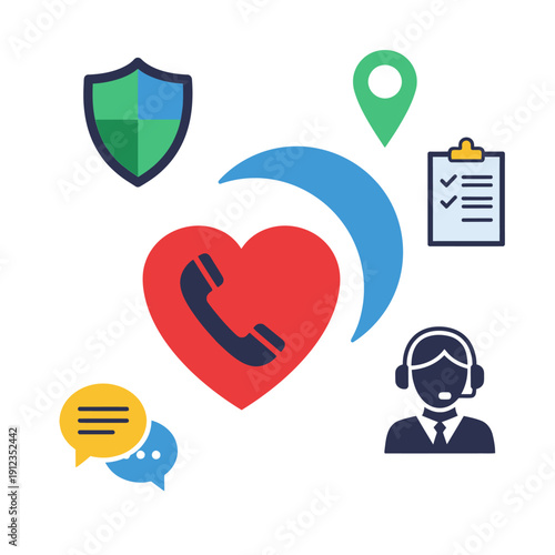 Customer support service with call center agent and heart icon for care