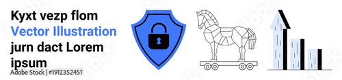 Cybersecurity, data protection, hacking, online threats, security breaches, digital trends. A shield with a lock, wooden Trojan horse and upward data chart. Cybersecurity and data protection concept