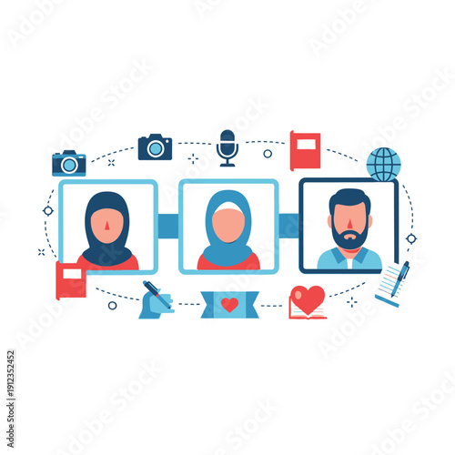 Diverse people profiles from different cultures and professions connected online