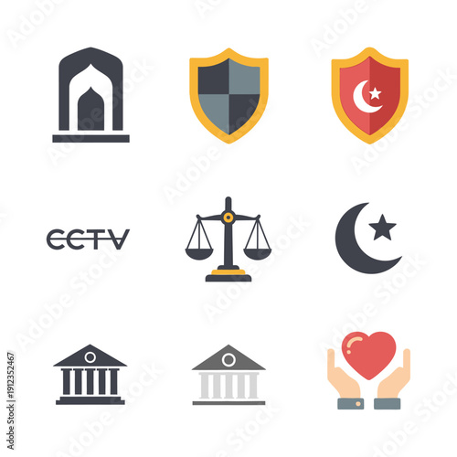 Compilation of legal, religious, and protection symbols related to justice and security
