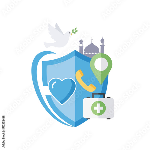 Peace and safety concept with mosque, medical care, and communication symbols