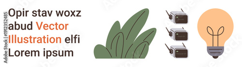 Renewable energy, sustainability, alternative power, eco-friendly innovation, environmental impact, modern technology. Light bulb, greenery stacked batteries. Renewable energy and sustainability