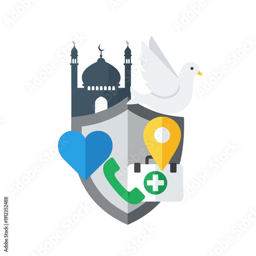 Mosque and dove symbols representing peace, health, and safety services