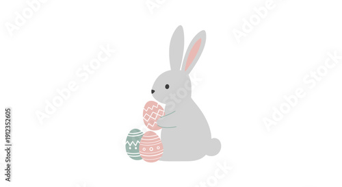 Gray Easter Bunny Holding Decorated Eggs.