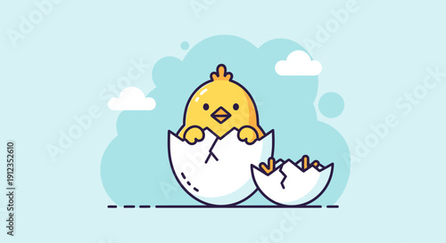 Happy Cartoon Chick Hatching from Egg.