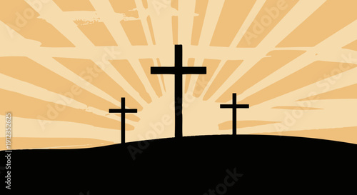 Three Crosses on Hill at Sunset.