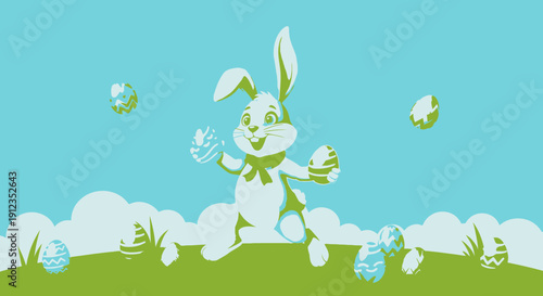 White Easter Bunny with Eggs and Flowers.