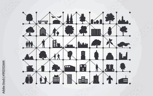 Abstract grid illustration featuring diverse icons of buildings and landmarks