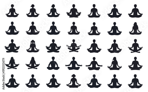 Meditation poses arranged in a structured grid pattern for relaxation and focus practice
