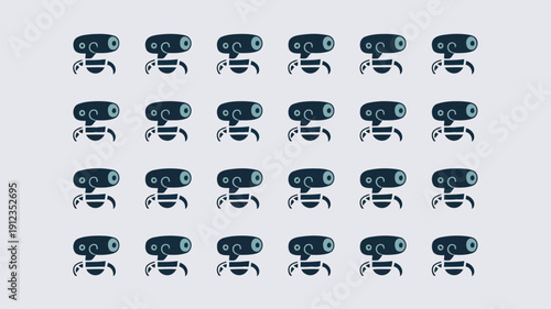 Uniform robotic figures arranged in a grid pattern on a light background