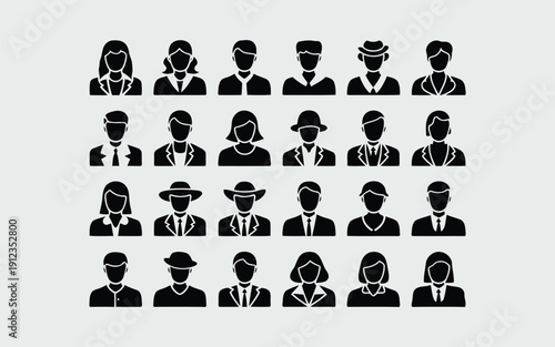 Diverse collection of stylized black and white headwear silhouettes