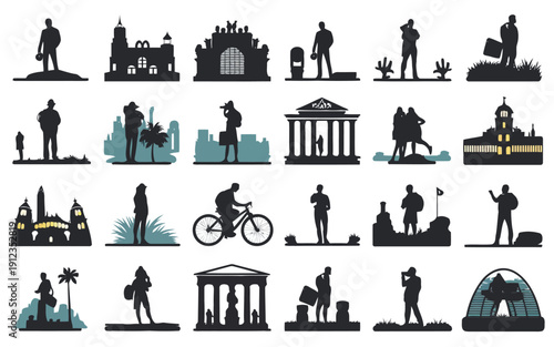 Silhouettes of urban life and landmarks depicted in a modern graphic style