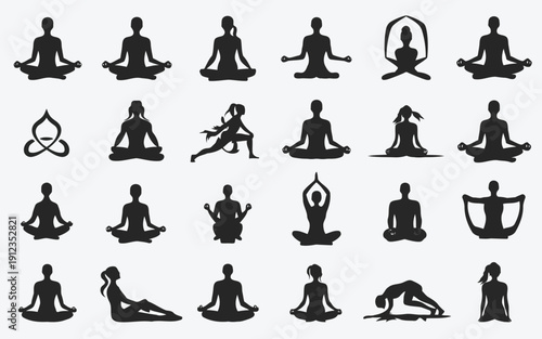Diverse yoga poses depicted in black and white silhouette style for meditation and fitness