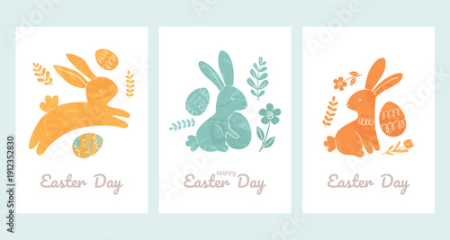 Set of Easter cards with rabbits, eggs and flowers. Perfect for Easter cards, invitations, and posters.