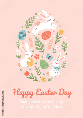 Easter card with egg and rabbits. Perfect for Easter cards, invitations, and posters.