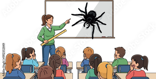 Giant Spider Classroom Prank Flat 2D Vector Isolated on Transparent Background