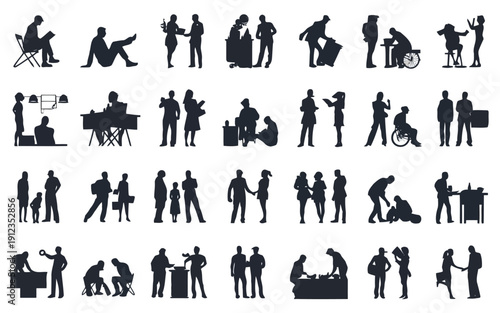 Diverse silhouettes of people engaging in various everyday activities and poses