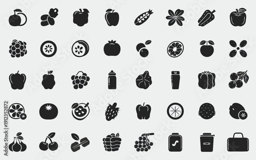 Black and white icon collection featuring various fruits, vegetables, and kitchen items