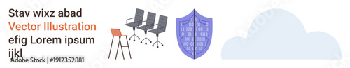 Workspace design, office solutions, internet security, cloud computing, digital privacy, data protection. Office chairs, shield icon cloud symbol. Workspace design and internet security concept