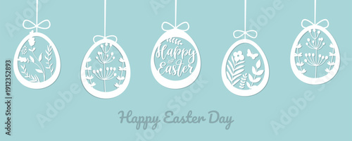 Easter horizontal background with paper hanging eggs. Perfect for designing Easter banners, websites, cards and invitations.