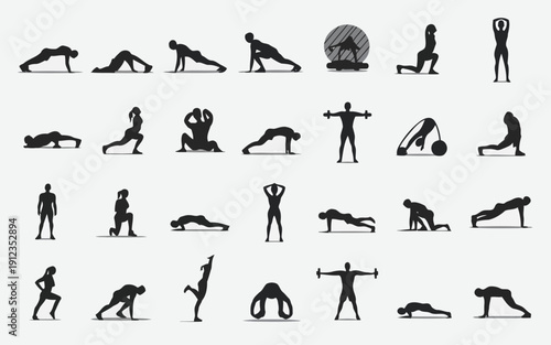 A collection of yoga and bodyweight exercise poses for fitness routines